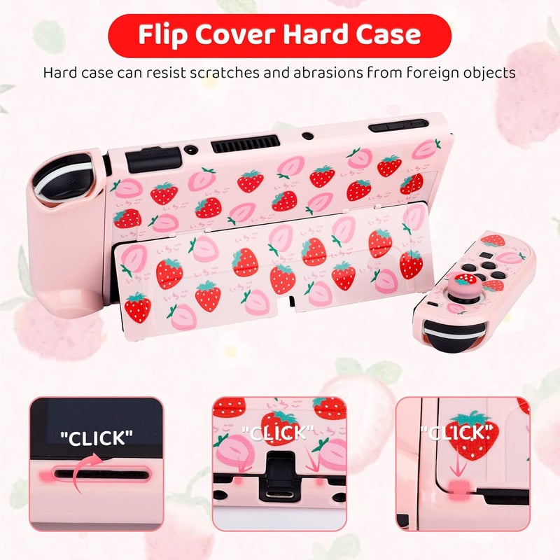 F'DIARY Strawberry Pink Carrying Case for Nintendo Switch OLED, Cute Travel Case Protector for Switch oled Accessories with Strawberry Carry Bag Pink Protective Cover Screen Protector and Thumb Caps - Image 5